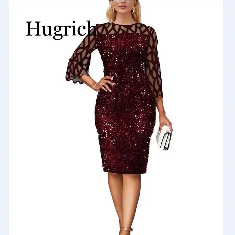 

2020 high street fashion sequined dress ladies o-neck sexy mesh sleeve slim pencil dress party sexy shiny back slit dress