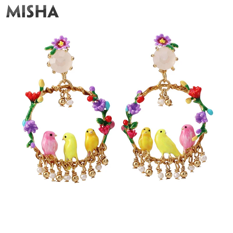 MISHA, роскошные женские серьги, ручная работа, эмалированная глазурь, цветы и птицы, Имитация драгоценного камня, ювелирные изделия в винтажном стиле, подарки для девушек, L950