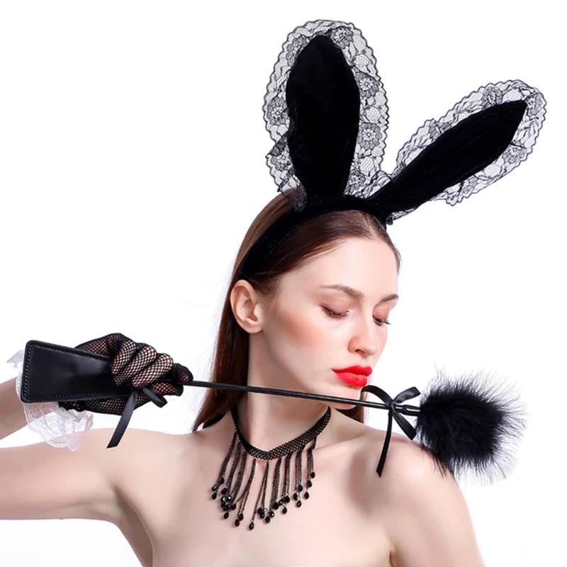 

X3UE 4Pcs Women Velvet Bunny Ears Headband Feather Whip Tassel Choker Necklace Fishnet Gloves Set Sexy Rabbi Cosplay Costume
