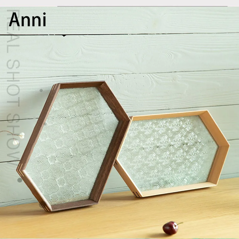 

Creativity Hexagon Wood Trays Japanese Vintage Embossed Glass Snacks Food Plate Begonia Relief Black Walnut Tea Set Storage Tray