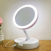 multifunctional foldable led lamp makeup mirror round shape desktop portable circular 10 times magnification double sided mirror