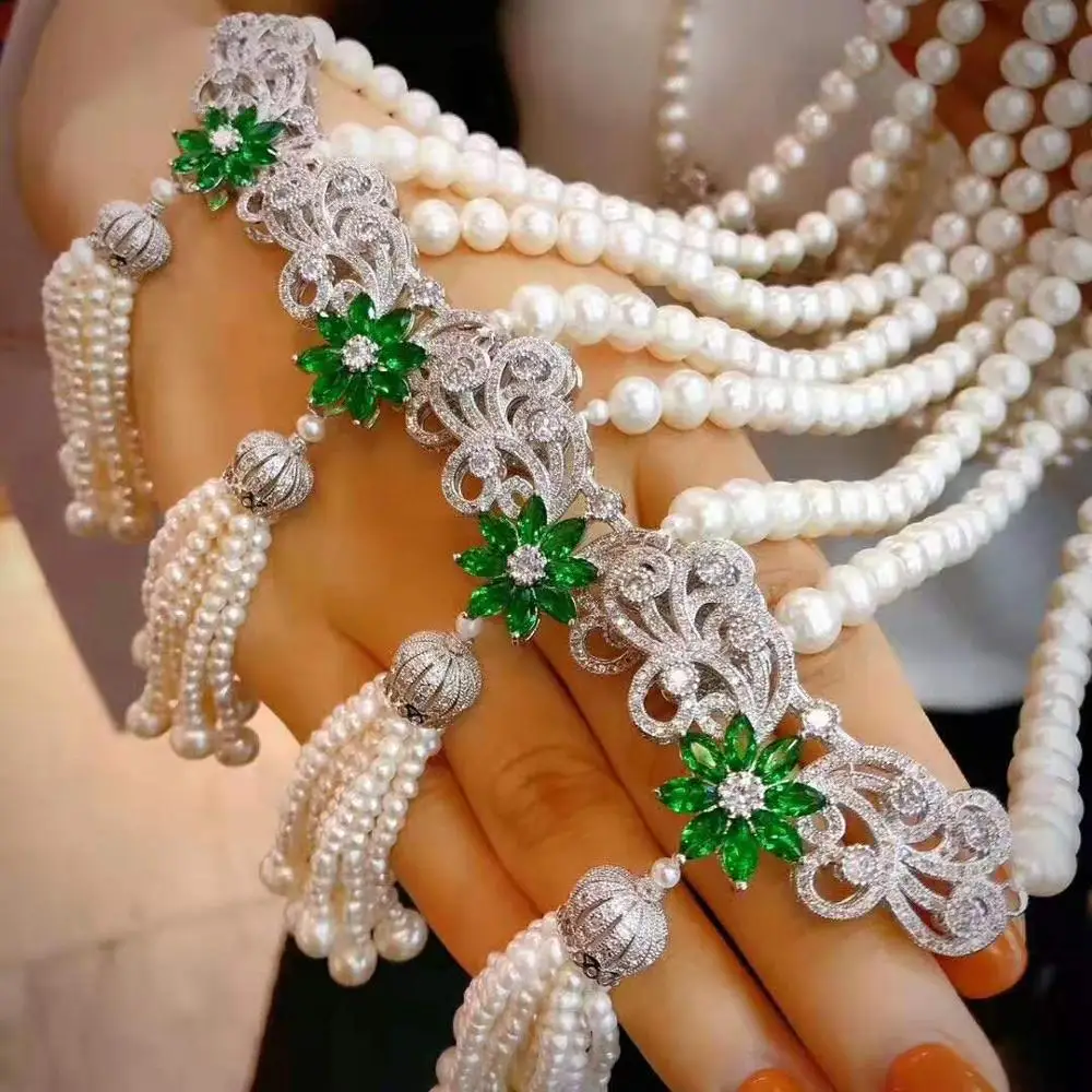 

Women's jewelry 8-9mm 70+15cm micro inlaid zircon green accessories white freshwater pearl necklace