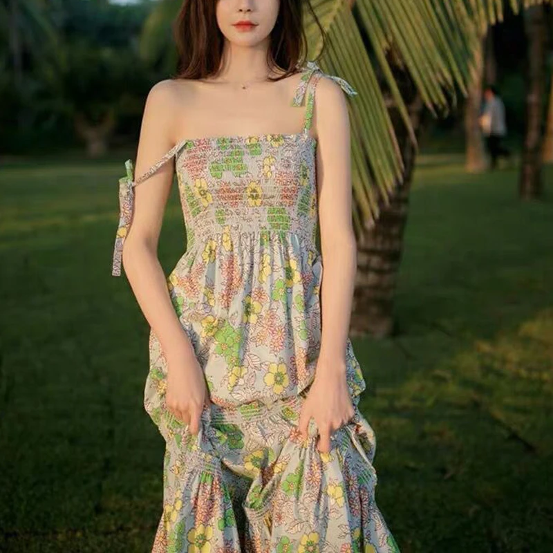 

2021 Summer French Elegant Spaghetti Strap Dress Women Floral Midi Dress Female Sweet Party Evening Beach One Piece Dress Korea