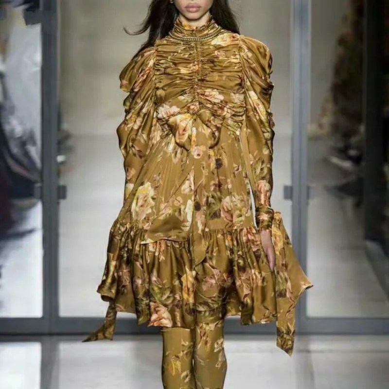 Женское платье в стиле ретро с воротником стойкой длинным рукавом и принтом