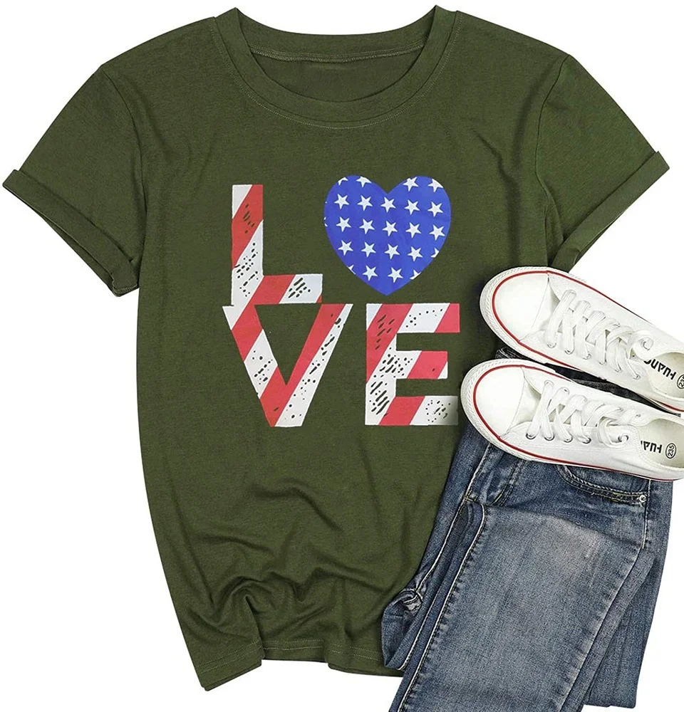 

Women Kawaii Summer Tops T-shirt Graphic Tees Fashion Tee Fourth of July Shirts for Women Patriotic Love Heart Tshirt