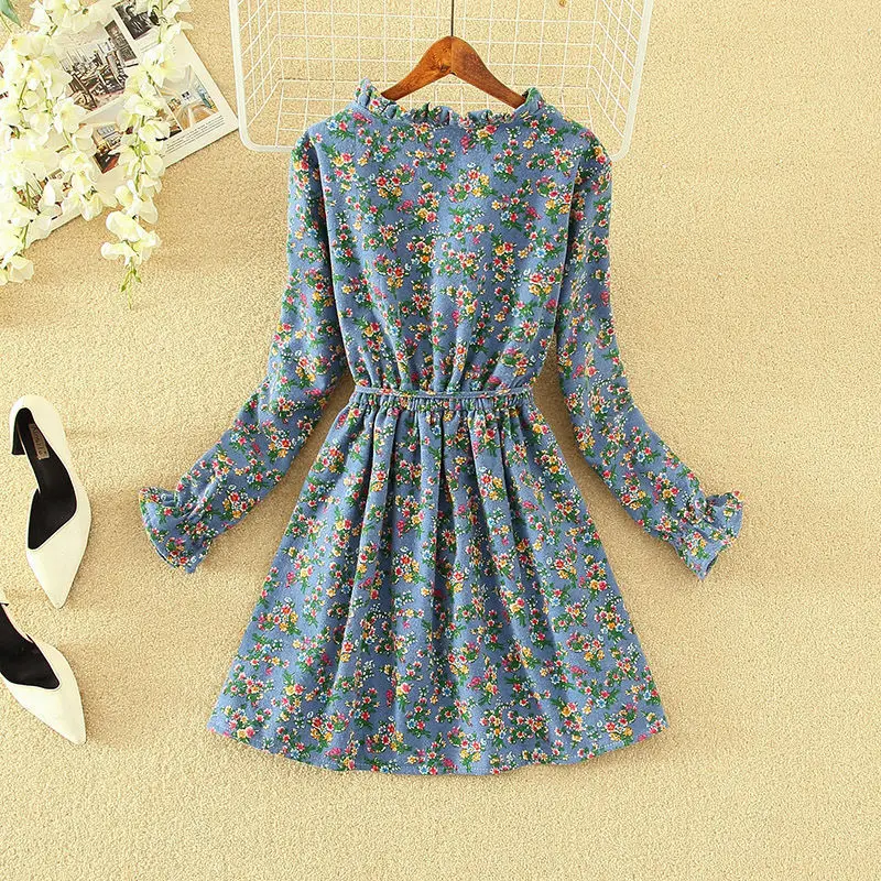 

2021 New Spring Autumn Women Dress Plus Velvet Floral Dress Long Sleeve Female Elastic Waist Shirt Dresses Party Vestidos Femme