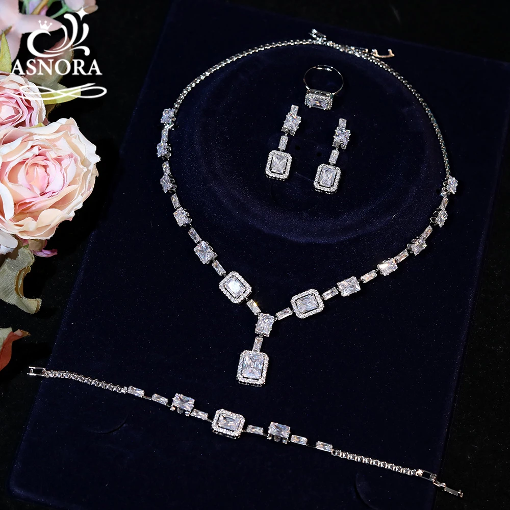 

ASNORA Dubai Bridal Jewelry Set Luxury Square Cubic Zirconia Earrings Bracelets Rings Necklace For Women Party Accessories X0078