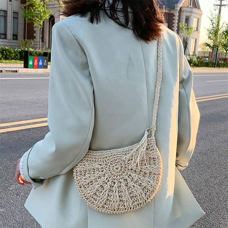 

2021 Half Round Straw Bags For Women Summer Beach Rattan Bag Handmade Woven Half Moon Crossbody Handbags Bohemia Hot Sale