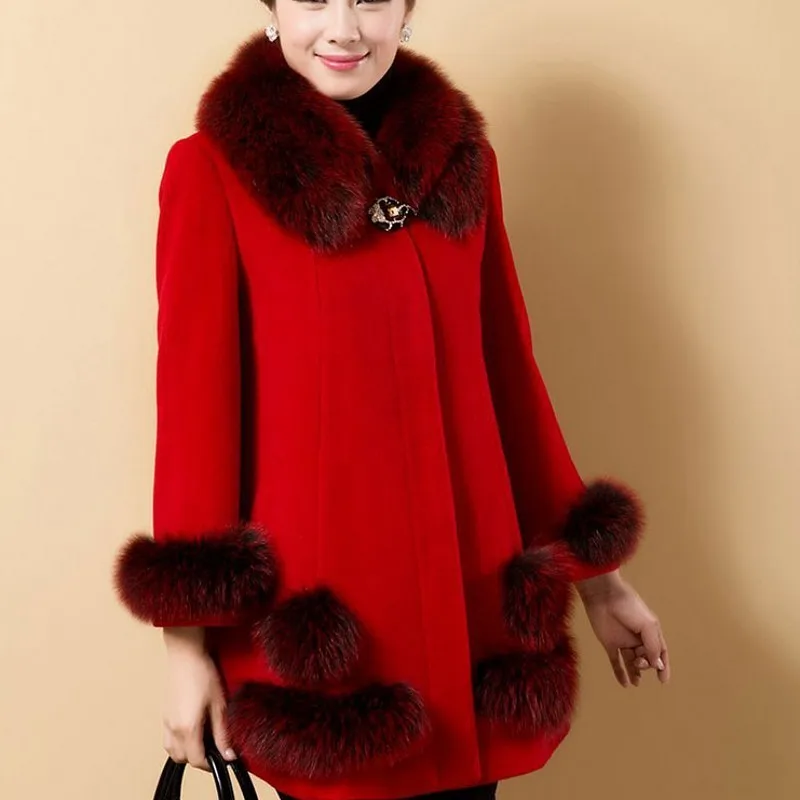 

Women Wool Winter Long Coat Fur Collar Warm Cloak Warm Outwear Plus Size 6XL Woolen Blends Overcoat Cape Ladies Slim Fit Jacket