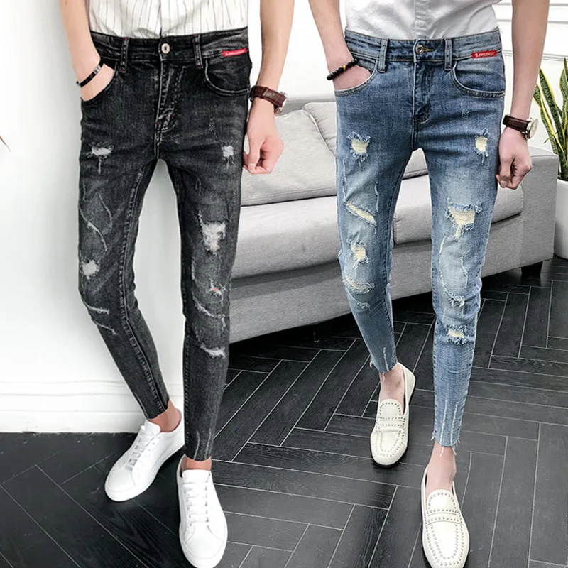 

Fashion 2021 teenagers small feet ripped ankle jeans cowboy men's tight pencil pants social spirit guy beggar denim pants