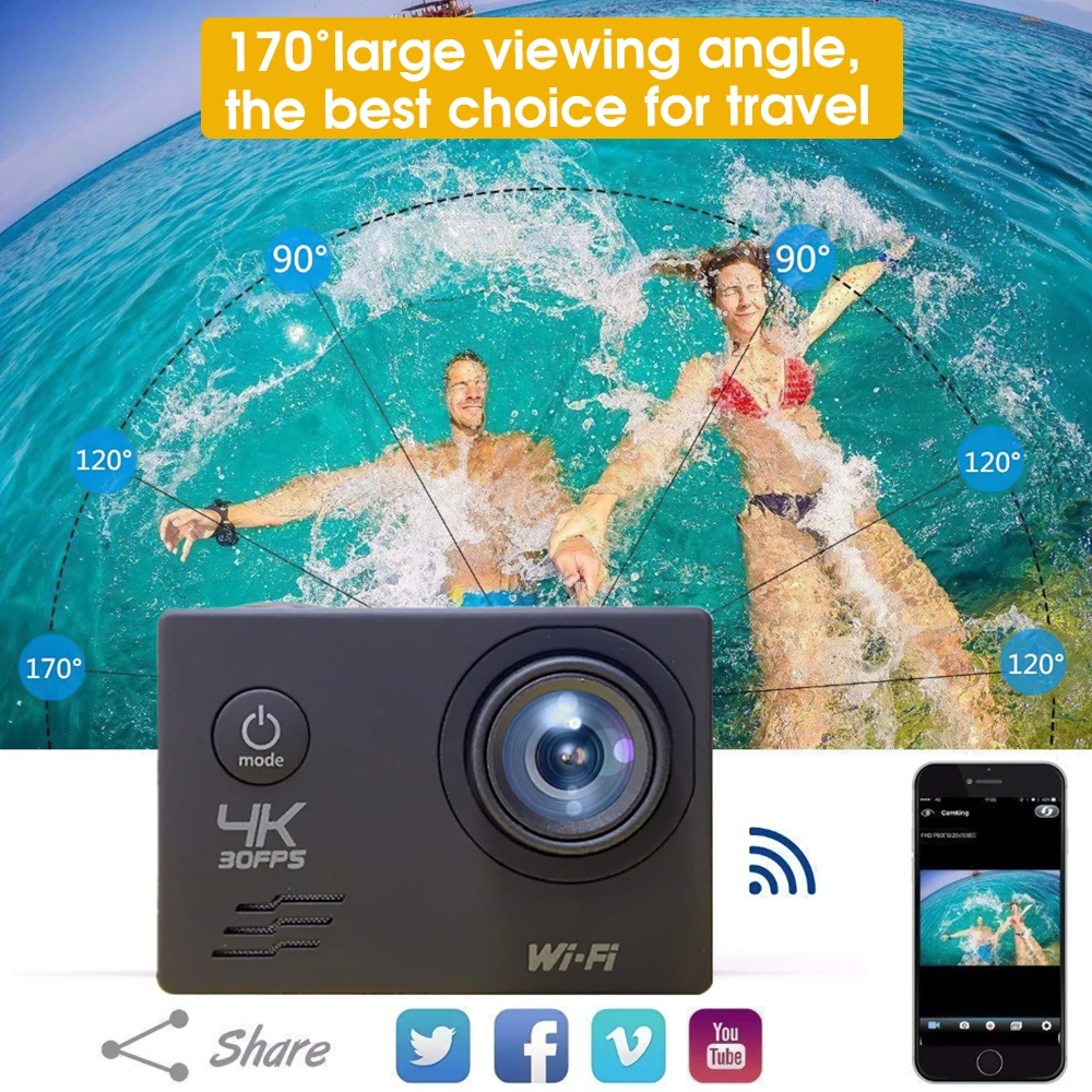 Дешево Портативная Экшн-камера SPASH, Wi-Fi, 2,0 дюйма, 4K, HD
