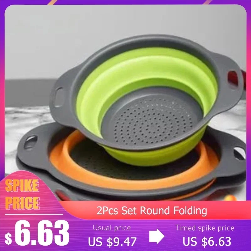

2 Piece Set Round Folding Drain Basket Fruit Filter Basket Creative Kitchen Tools Retractable Folding Vegetable Washing Utensils