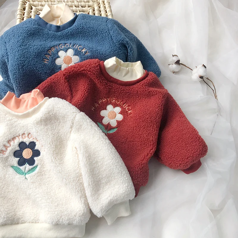 

Girls Hoodies Sweatshirts Kids Jacket 2021 Flower Winter Autumn Warm Thicken Velvet Fleece Cotton Outwear Children's Clothing