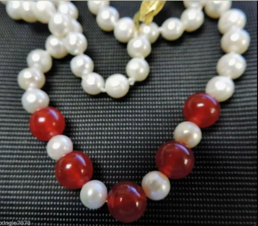 

7-8mm Size White Pearl Red Jade Womens Jewelry Necklace 18inch