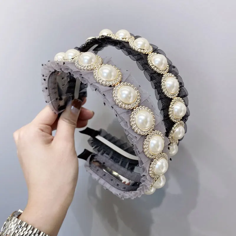 

Thin edge Hair Hoop Korean Dot Mesh Yarn Pleated Big Pearl Hair Band hairbands girl headband boutique headwear accessories