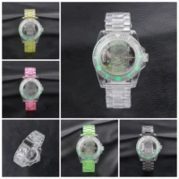 40mm mod watchcase set acrylictransparent nh35 nh36 movement green luminous watches modify accessories fit 28 5mm dial watchband