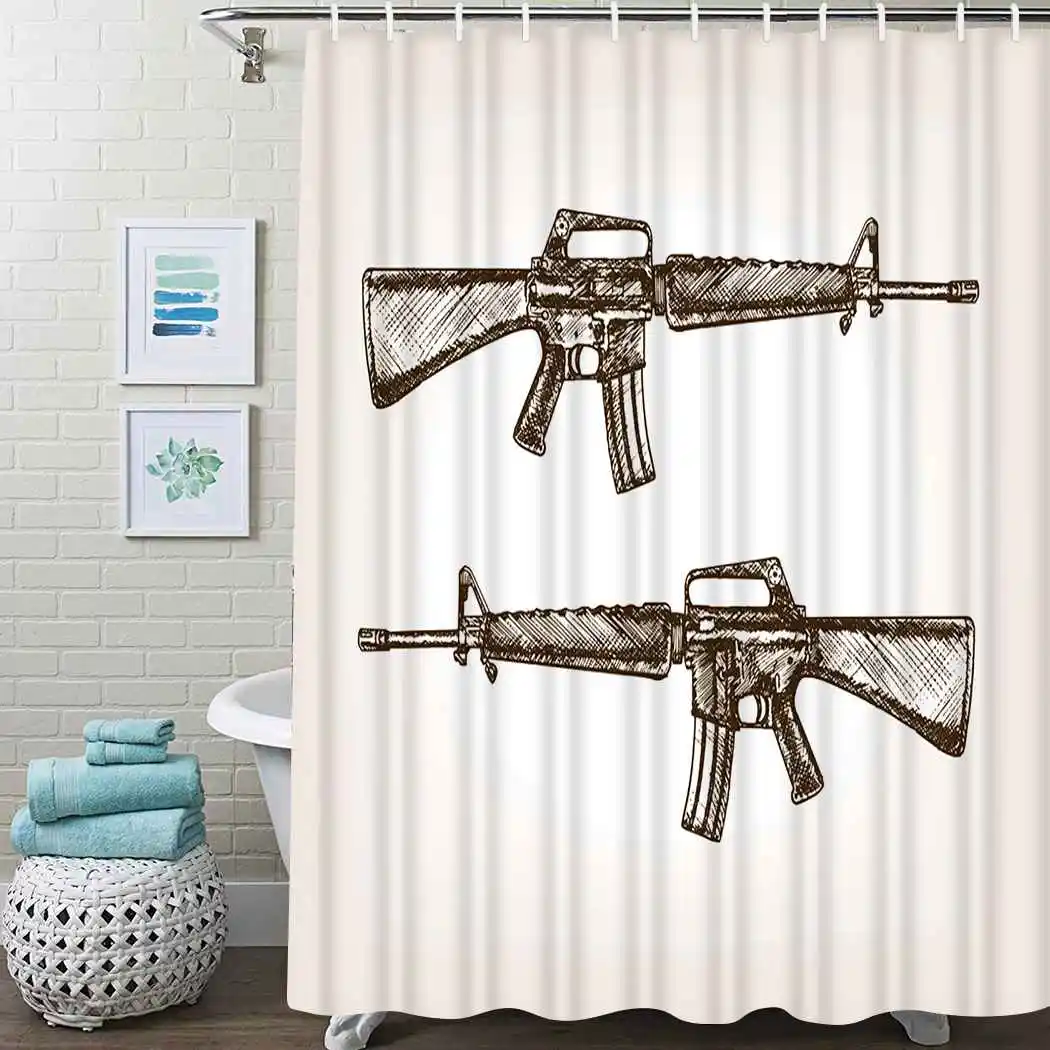

Vintage Gun Shower Curtain Rifle Machine Old Shower Curtain Waterproof Fabric For Bathroom Decor Shower Curtains Set With Hooks