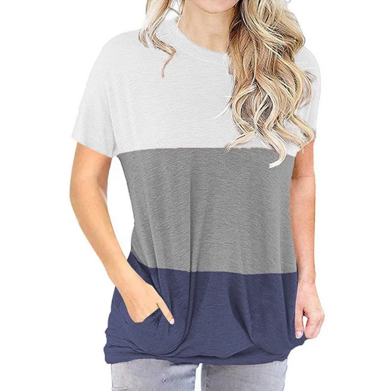 

Hot Style Color Matching Round Neck Loose Bat Short Sleeve Pocket T-shirt