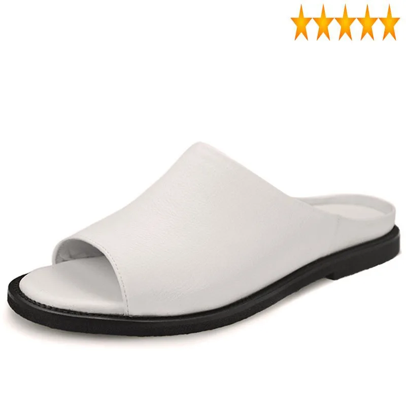 

Indoor 2021 Men Euro Fashion Bathing Slides Genuine Leather Casual Beach Shoes Male Open Toes Summer Slippers Black White