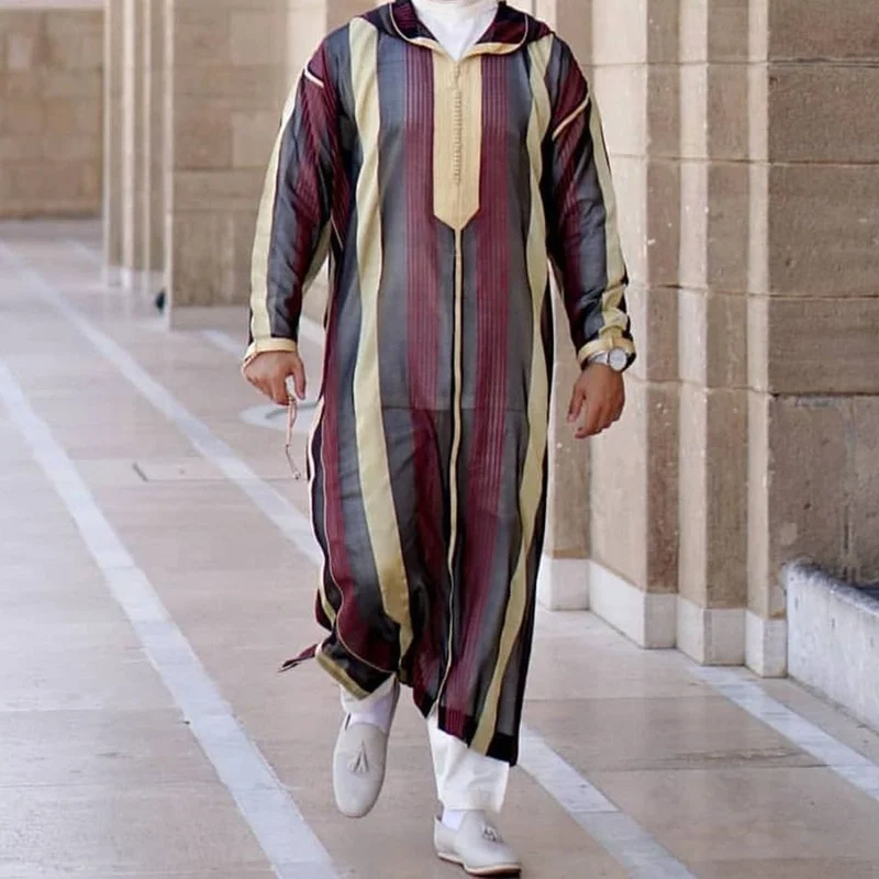 New Striped Men Jubba Thobe Dubai Muslim Islamic Clothing Long Robe Saudi Musulman Abaya Caftan Islam Dubai Arab Dressing Mens