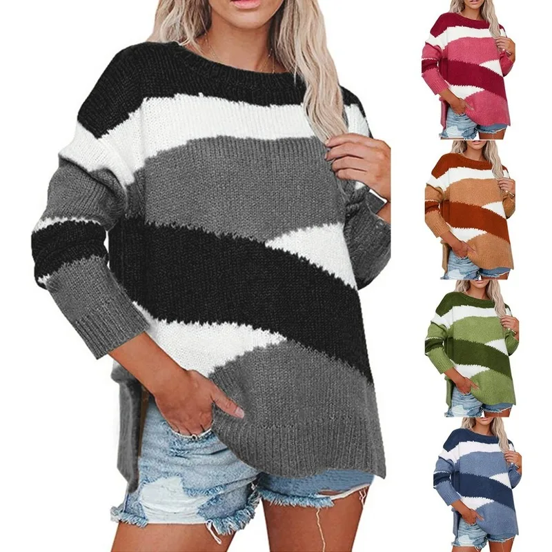 

Women Casual Fashion Knit Sweater Irregular Stripes Color Matching Sweater Pullover 2021 Women New Autumn and Winter Clothing