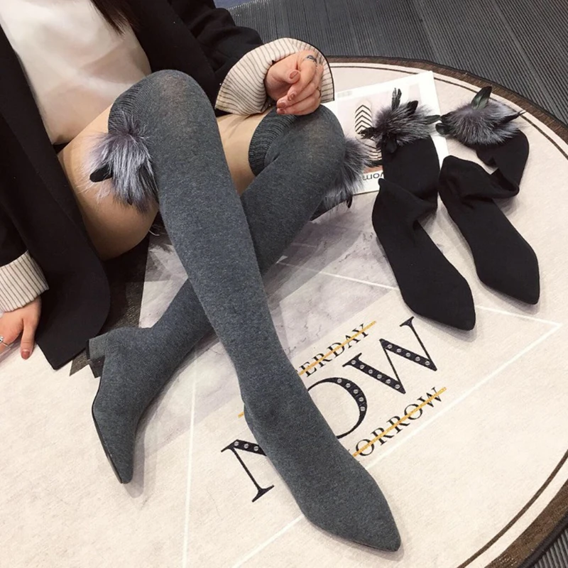 Осенне зимние Новые Вязаные высокие сапоги носки с острым носком выше колена из