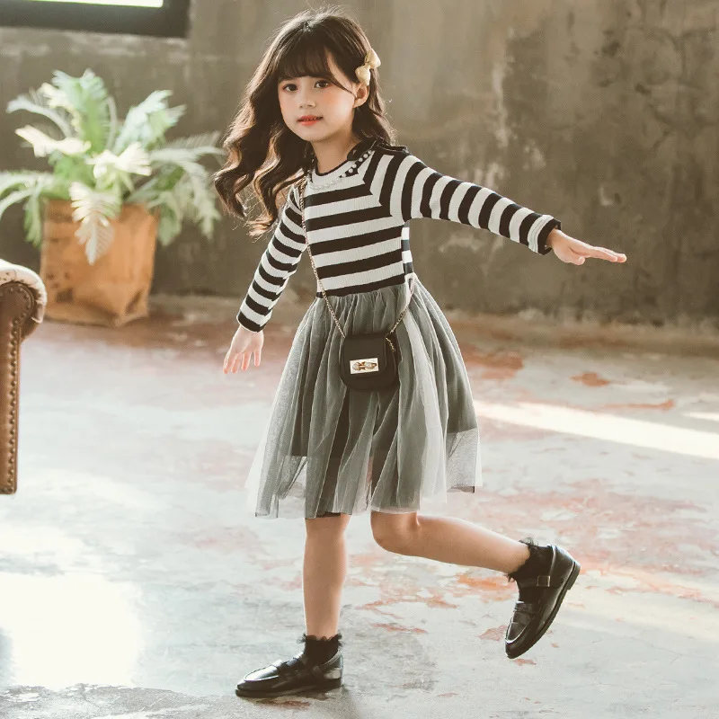 Повседневное Хлопковое платье для больших девочек Сетчатое в полоску с длинными