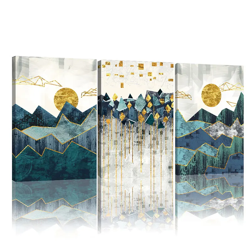 

Настенная картина с рамкой в скандинавском стиле, абстрактный геометрический рисунок в виде гор, Настенная Картина на холсте с рисунком под золото и дерево для гостиной