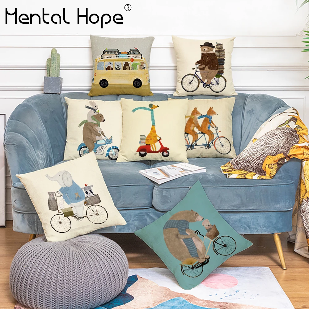 

Cartoon Print Linen Cotton Cushion Cover Animal Pattern Decorative Throw Pillow Cover Home Decor Bear Square Pillowcase