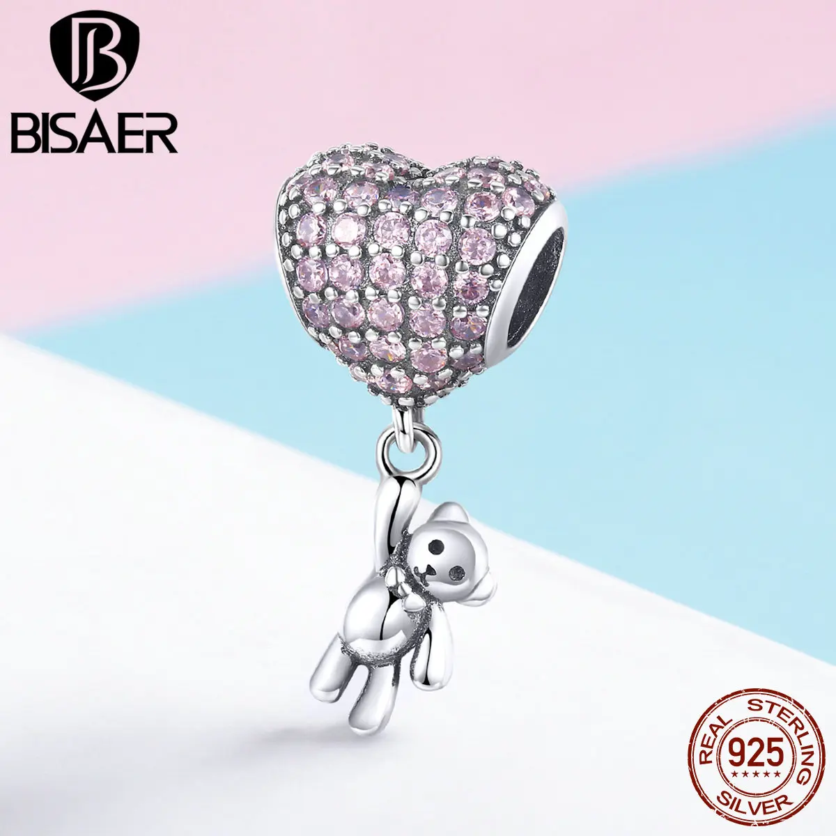BISAER 925 пробы Серебряный символ любви в форме сердца с кристаллами шар медведь талисманы Бусины Подходят на День святого Валентина браслеты стерлингового серебра ювелирные изделия ECC1054