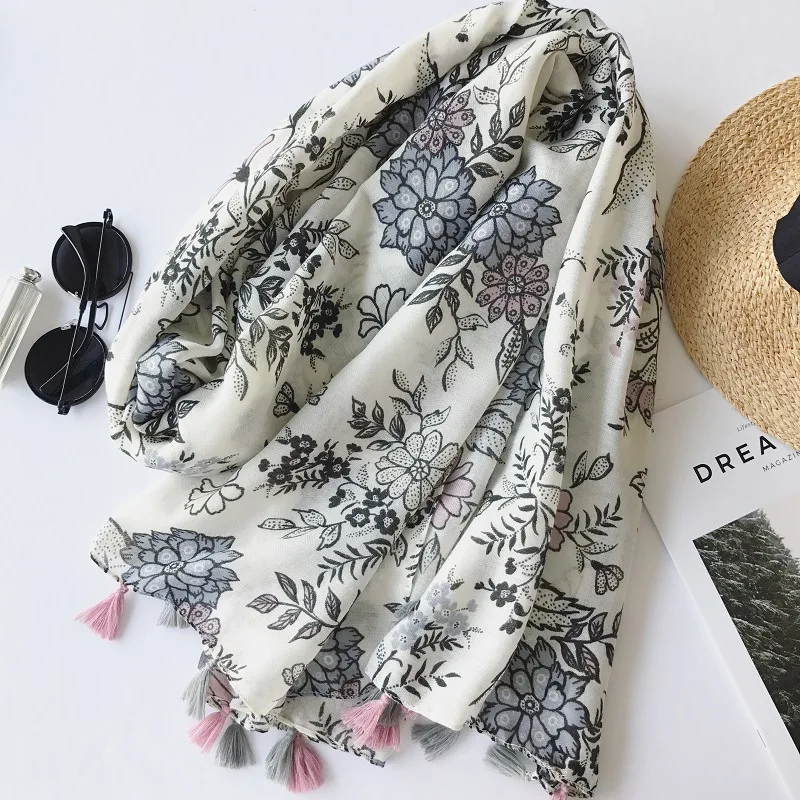 

Женский шелковый шарф с бахромой, тонкий белый Шелковый шарф с маленькими цветами, для защиты от солнца, для весны и лета