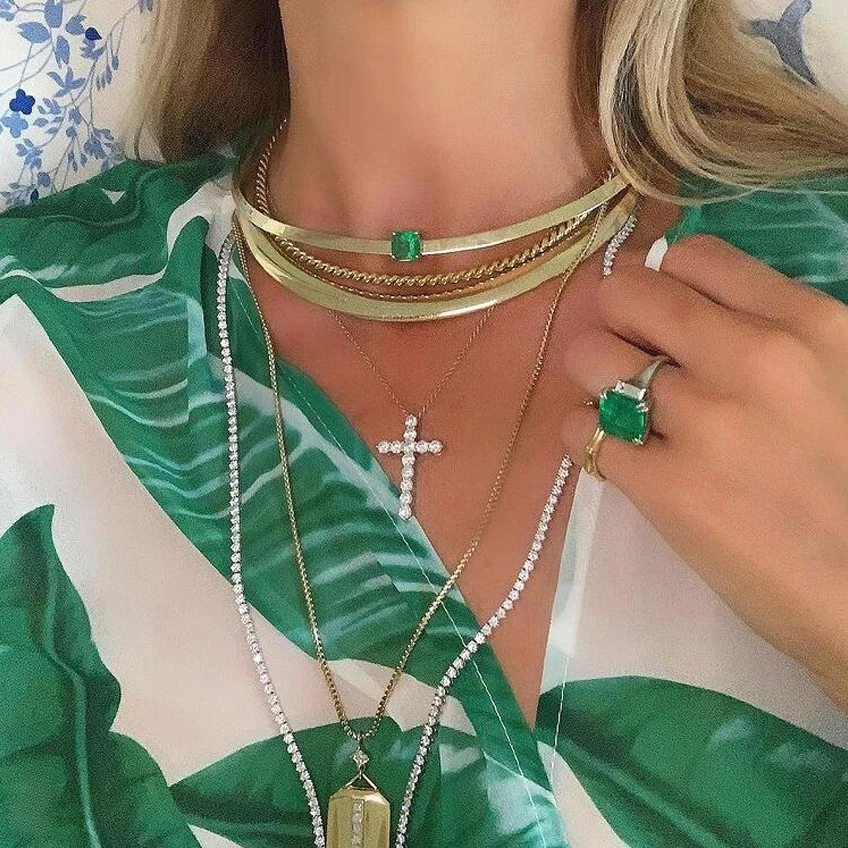 Оптовая продажа Радужное разноцветное ожерелье с фианитами ширина 4 мм цепочка