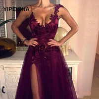 2021 sexy burgundy sequin evening dress high slit skirt v neck lace applique glitter prom gown vestidos de fiesta