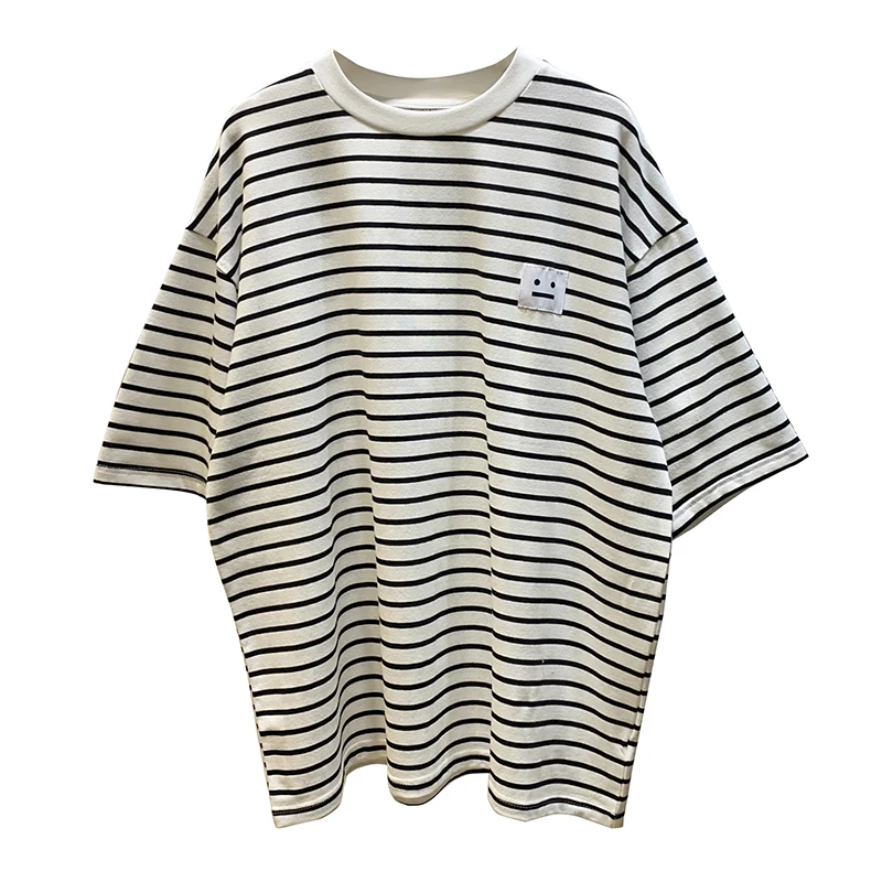 

Summer Korean Style Simple Western Style Square Black and White Striped T-shirt Women's round Neck Short Sleeve Tops