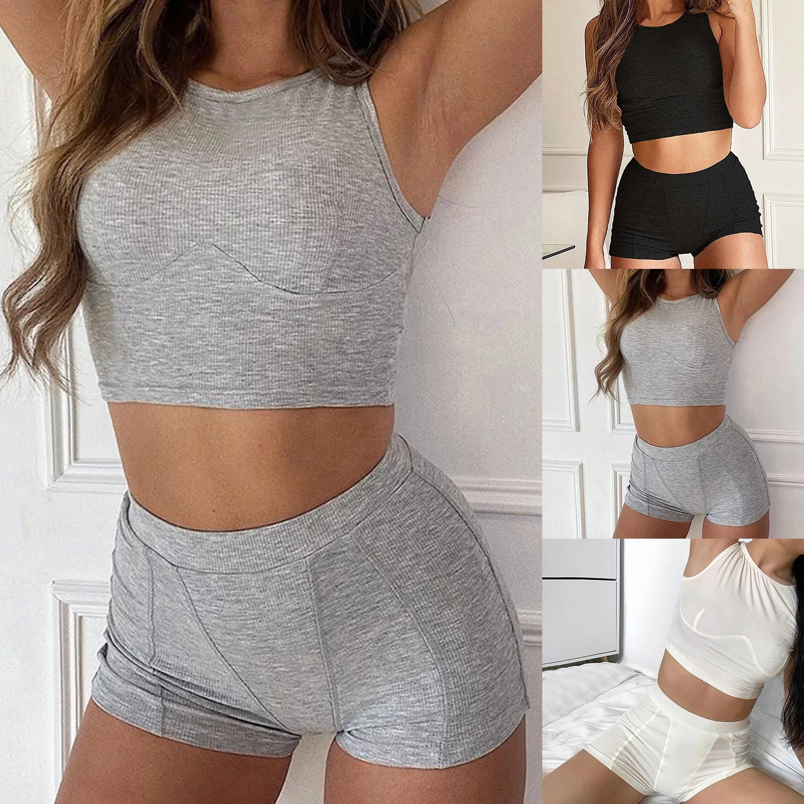 

Sexy Rib Knit Two Piece Set Tracksuit Homewear Women Tank Top Vest High Waist Bodycon Shorts Yoga Fitness Outdoor Sport Outfit