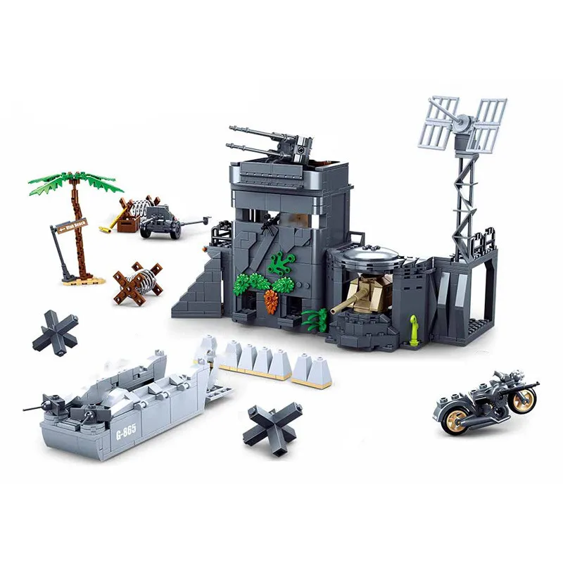 

765Pcs WW2 Normandy Fortress Tower Model Building Blocks City Soldier Technic Military Weapon Gun Bricks Toys For Children