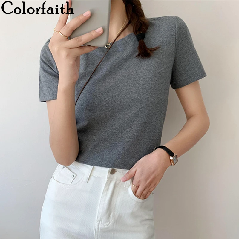 

Colorfaith New 2021 Women Summer T-shirt Bottoming Basic Soild Fashionable Minimalist Style Wild Lady White Oversize Tops T6104