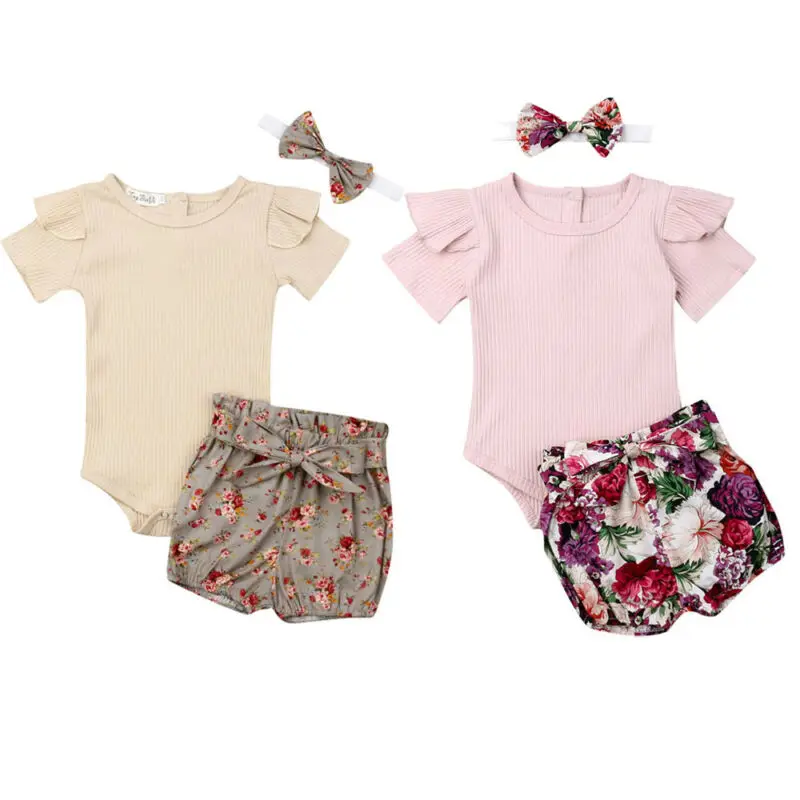 3Pcs Newborn Infant Baby Girl Summer Clothes Short Sleeve Ribbed Bodysuit+Floral Shorts Pants+Headband Outfits Set 0-18M | Детская