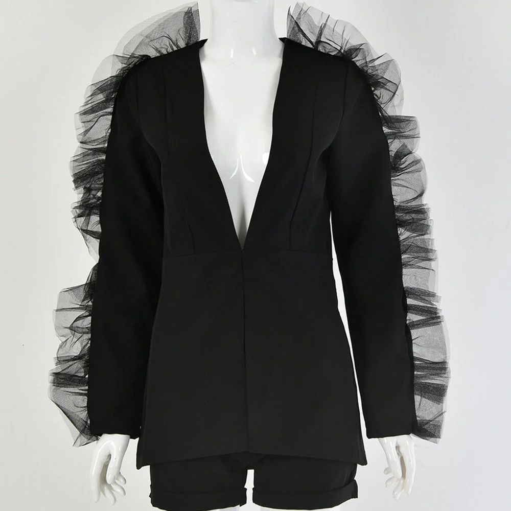 Сексуальный Женский блейзер и шорты набор с глубоким v-образным вырезом сеткой