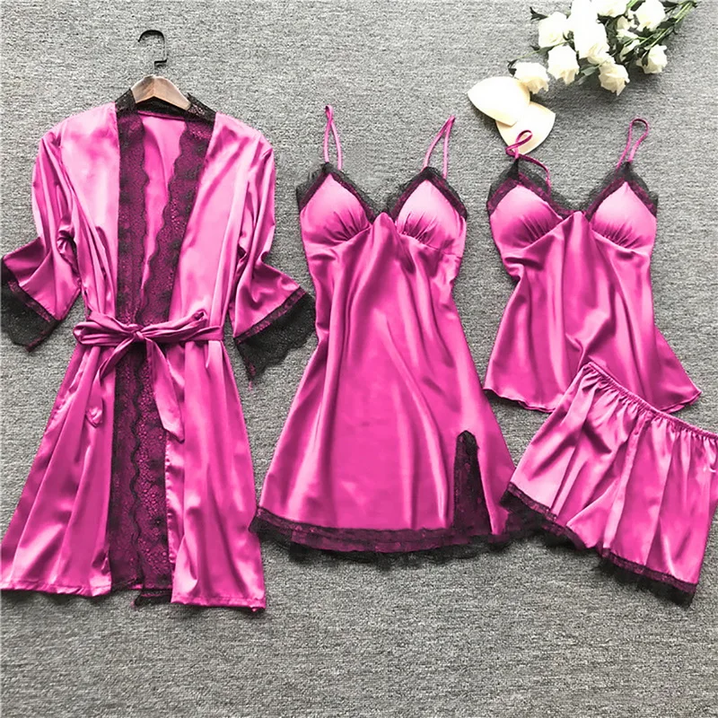 

2021 Women Pajamas Sets Sleepwear Silk 4 Pieces Nightwear Pajama Spaghetti Strap Lace Sleep Lounge Pajama With Chest Pads