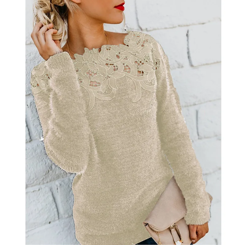 Fashion Lace Cashmere Sueter Mujer 2019 Women Sweater and Pullovers Casual Solid O-Neck Femme Autumn Sweaters Tops Feminino | Женская