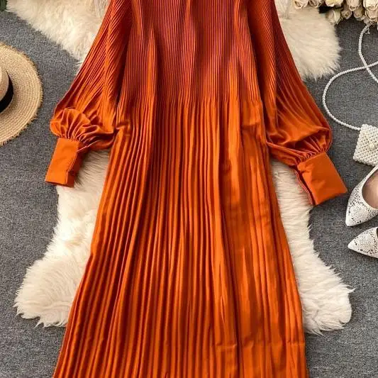 

Vintage Pleated Chiffon Long Dress Women Casual Solid Pink/Green/Red O-Neck Draped Slim Vacation Vestidos Autumn Robe 2020 New