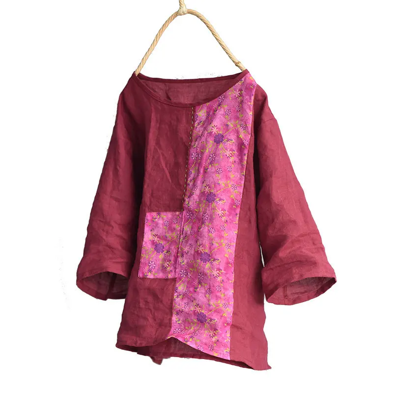 

Women Ramie Patchwork T-shirt Tees Shirt Ladies Loose Spliced Ramie Tops Female 2020 Summer Shirts