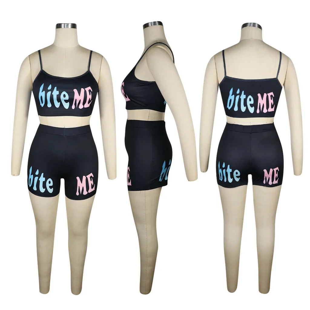 

Spaghetti Straps Women 2 Piece Set Letter Print 2021 Summer Crop Tank Tops Skinny Biker Shorts Fitness Sporty Workout Tracksuit