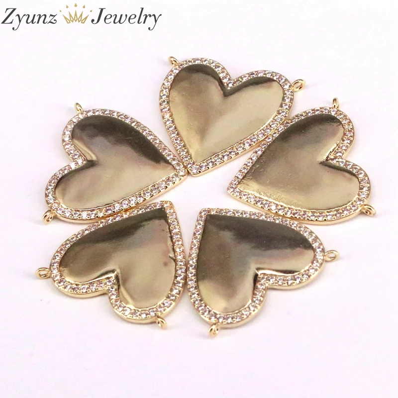 

5 шт., подвески в форме сердца с фианитами для изготовления ювелирных изделий, медные металлические подвески с позолоченными фианитами