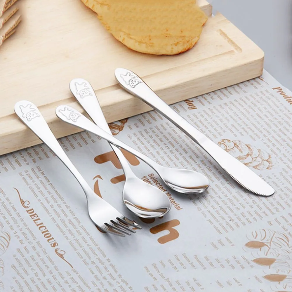 

Baby Dishes Teaspoon Spoon Fork Knife Utensils Set Stainless Steel Baby Kids Learning Eating Habit Children Tableware