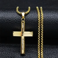 2022 hip hop christian cross stainless steel chain necklace gold color long statement necklace jewelry collier homme nxhly06s05