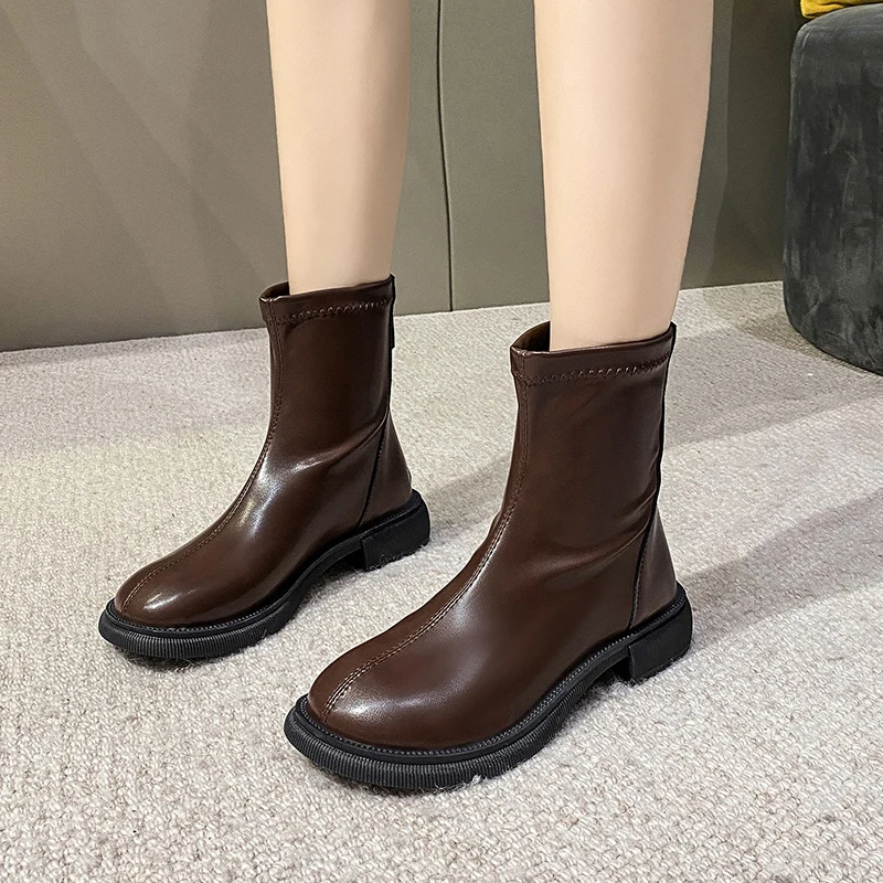 

Женские ботильоны на низком блочном каблуке, ботинки челси с круглым носком и молнией сзади, короткие ботинки, весна 2021