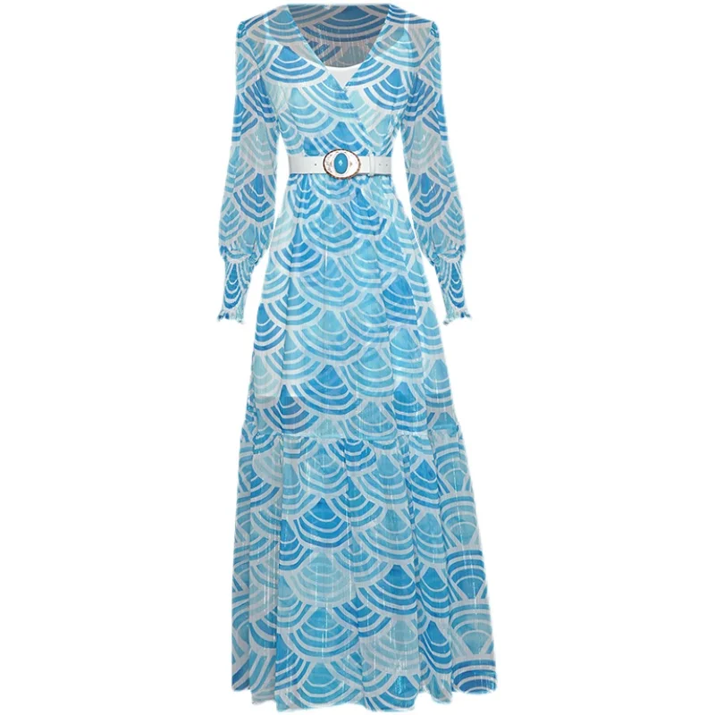 

v-neck lantern posed chiffon dress lace-up accept waist elegant holiday wind dress new spring and summer of 2021