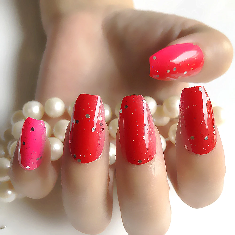 2019 Новый гроб блестки постепенные цвета поддельные ногти плоская голова красные